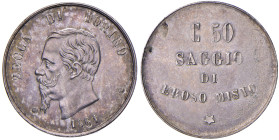 Vittorio Emanuele II (1861-1878) 50 Centesimi 1861 saggio eroso misto T - P.P 60 MA (g 4,09) RRRR Piccole abrasioni al R/
FDC