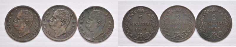 Umberto I (1878-1900) 2 Centesimi 1897, 1898 e 1900 - CU Lotto di tre monete. Ma...