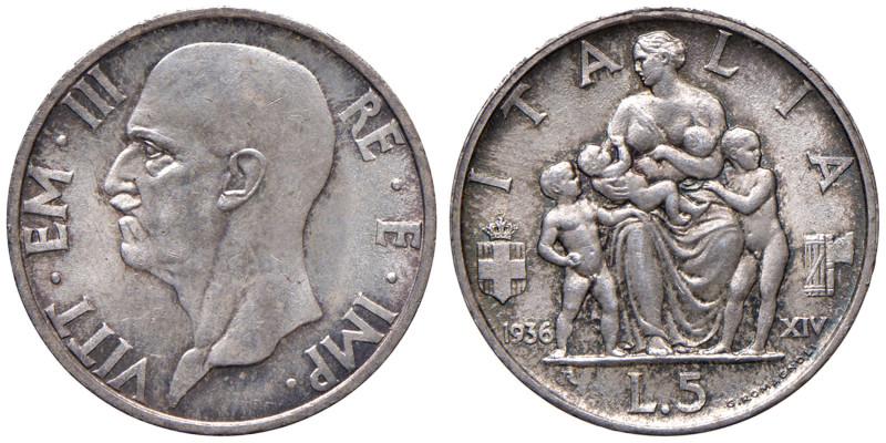 Vittorio Emanuele III (1900-1946) 5 Lire 1936 - Nomisma 1144 AG Minimi graffiett...