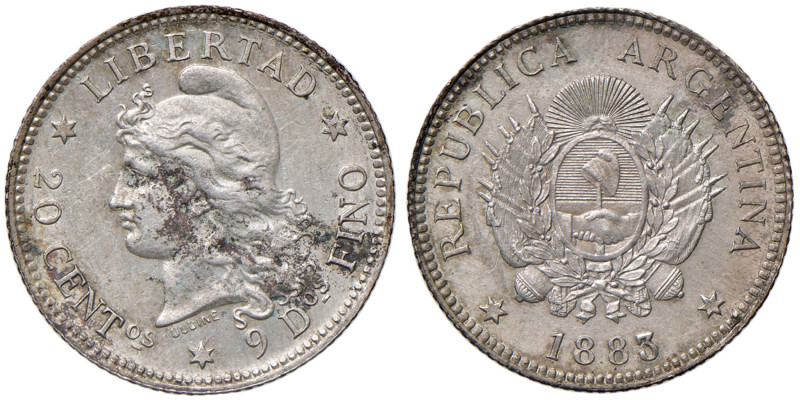 ARGENTINA 20 Centavos 1883 - KM 27 AG (g 4,99) Depositi al D/
SPL/SPL+