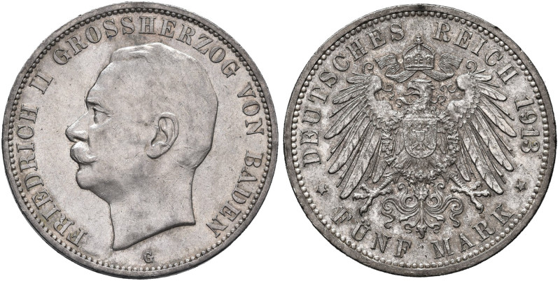 GERMANIA Baden - Federico II (1907-1818) 5 Marchi 1913 - KM 281 AG (g 27,79) Min...