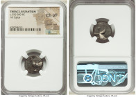 THRACE. Byzantium. Ca. 350-300 BC. AR siglos (17mm). NGC Choice VF, punch mark. Chian standard. ΠY, bull standing left on dolphin left, right foreleg ...