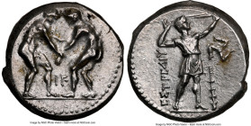 PAMPHYLIA. Aspendus. Ca. 325-250 BC. AR stater (23mm, 10.73 gm, 11h). NGC Choice AU 4/5 - 3/5, brushed. Two wrestlers grappling, I PT (PT ligate) betw...