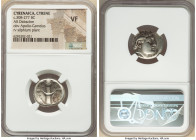 CYRENAICA. Cyrene. Ca. 308-277 BC. AR didrachm (20mm, 6h). NGC VF. Bare head of Apollo-Carneius right, with horn of Ammon / KY-PA, silphium plant, sta...