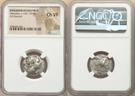 BACTRIAN KINGDOM. Heliocles (ca. 145-130 BC). AR drachm (20mm, 1h). NGC Choice VF. Bactra. Diademed, draped bust of Heliocles right; bead-and-reel bor...