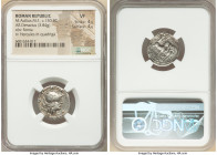 M. Acilius M.f. (ca. 130 BC). AR denarius (20mm, 3.84 gm, 7h). NGC VF 4/5 - 4/5. Rome. M•ACILIVS•M•F•, head of Roma right, wearing winged helmet surmo...