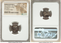 C. Claudius Pulcher (110-109 BC). AR denarius (17mm, 3.82 gm, 7h). NGC VF 5/5 - 3/5. Rome. Head of Roma right wearing winged helmet decorated with cir...