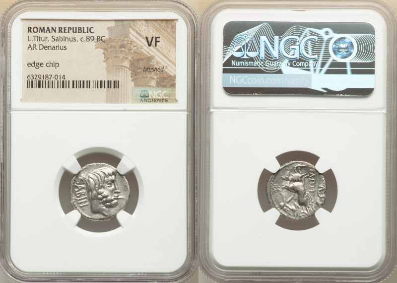 L. Titurius L.f. Sabinus (ca. 89 BC). AR denarius (18mm, 9h). NGC VF, brushed, e...