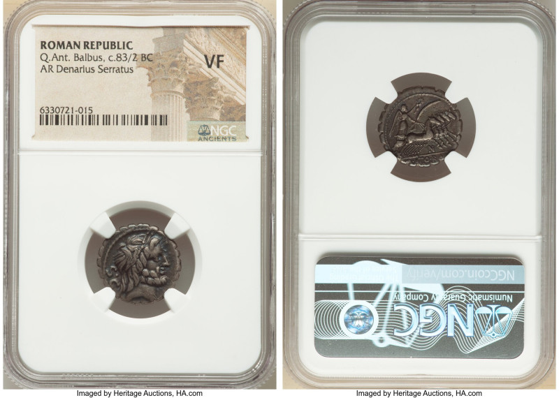 Q. Antonius Balbus (ca. 83-82 BC). AR serratus denarius (18mm, 6h). NGC VF. Rome...