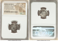L. Scribonius Libo (ca. 62 BC). AR denarius (20mm, 3.92 gm, 4h). NGC VF 5/5 - 4/5. Rome. Head of Bonus Eventus right, LIBO (downwards) behind, BON•EVE...