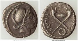 Albinus Bruti f. (ca. 48 BC). AR denarius (18mm, 3.68 gm, 6h). VF. Rome. Head of young Mars, with slight beard, wearing crested helmet / ALBINVS-BRVTI...