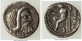 C. Vibius C.f. C.n. Pansa Caetronianus (ca. 48 BC). AR denarius (18mm, 3.54 gm, 4h). VF, scuff, scratches. Rome. PANSA, mask of Pan right / C•VIBIVS•C...