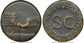 Tiberius (AD 14-37). AE sestertius (35mm, 27.36 gm, 12h). NGC VF 5/5 - 3/5. Rome, AD 35-36. Quadriga of horses right, drawing empty cart, side ornamen...