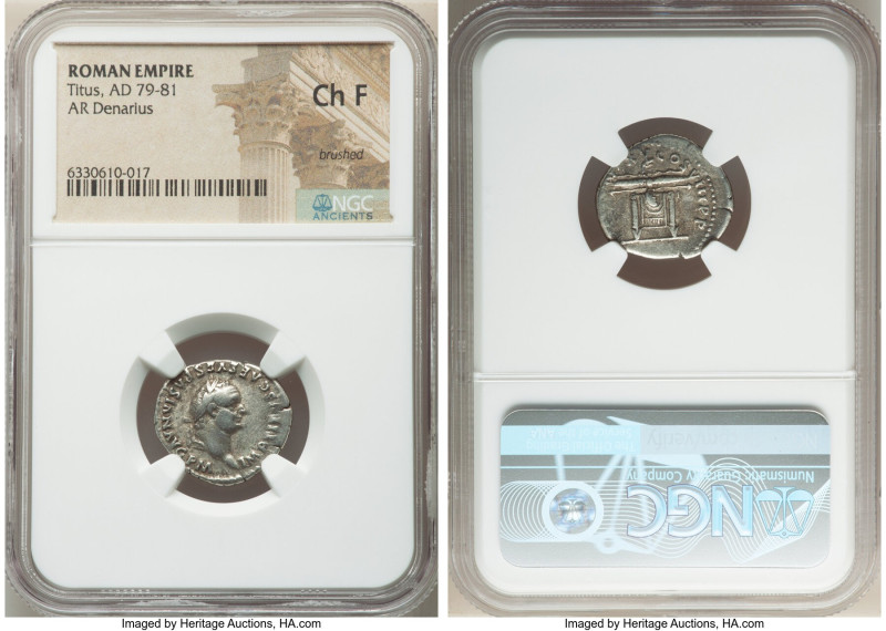 Titus, as Augustus (AD 79-81). AR denarius (19mm, 6h). NGC Choice Fine, brushed....