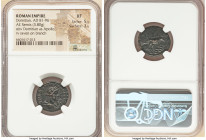 Domitian, as Augustus (AD 81-96). AE semis (19mm, 3.80 gm, 6h). NGC XF 5/5 - 3/5. Rome, AD 90-91. IMP DOMIT AVG GERM COS XV, laureate, draped bust of ...