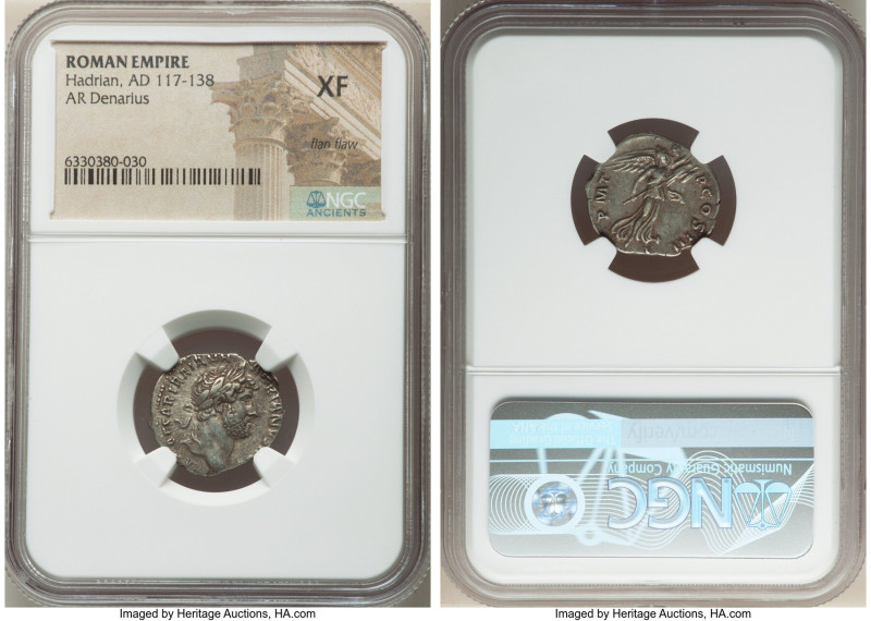 Hadrian (AD 117-138). AR denarius (19mm, 7h). NGC XF, flan flaw. Rome, AD 120-12...