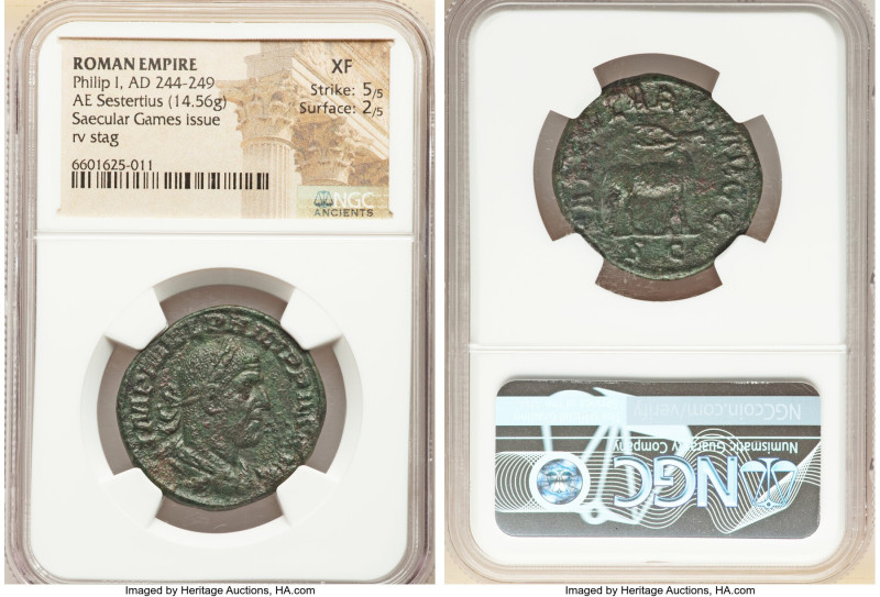 Philip I (AD 244-249). AE sestertius (28mm, 14.56 gm, 6h). NGC XF 5/5 - 2/5. Rom...