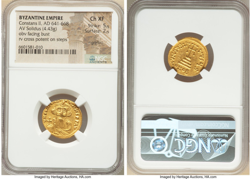 Constans II Pogonatus (AD 641-668). AV solidus (19mm, 4.43 gm, 7h). NGC Choice X...