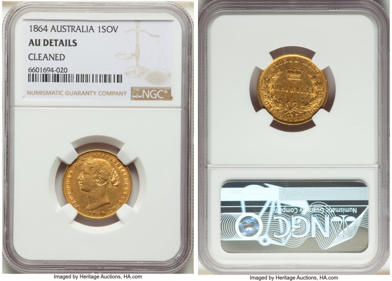 Victoria gold Sovereign 1864-SYDNEY AU Details (Cleaned) NGC, Sydney mint, KM4, ...