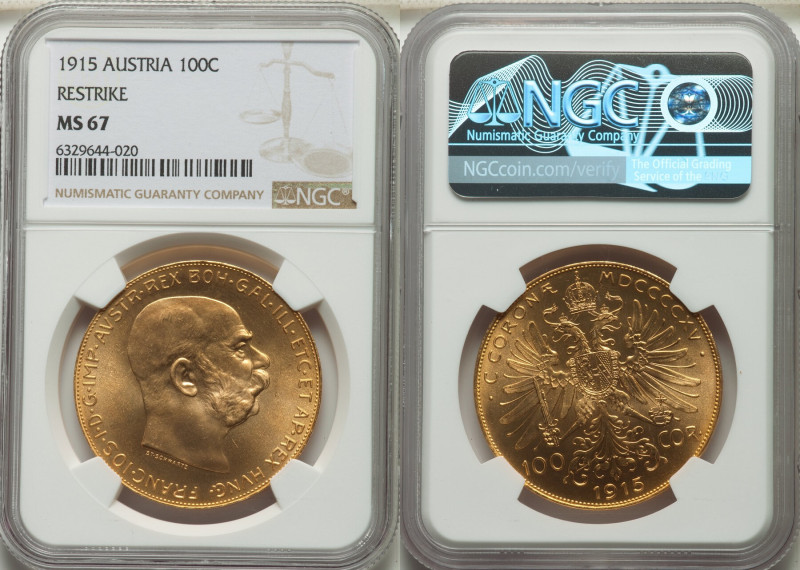 Franz Joseph I gold Restrike 100 Corona 1915 MS67 NGC, Vienna mint, KM2819, Fr-5...