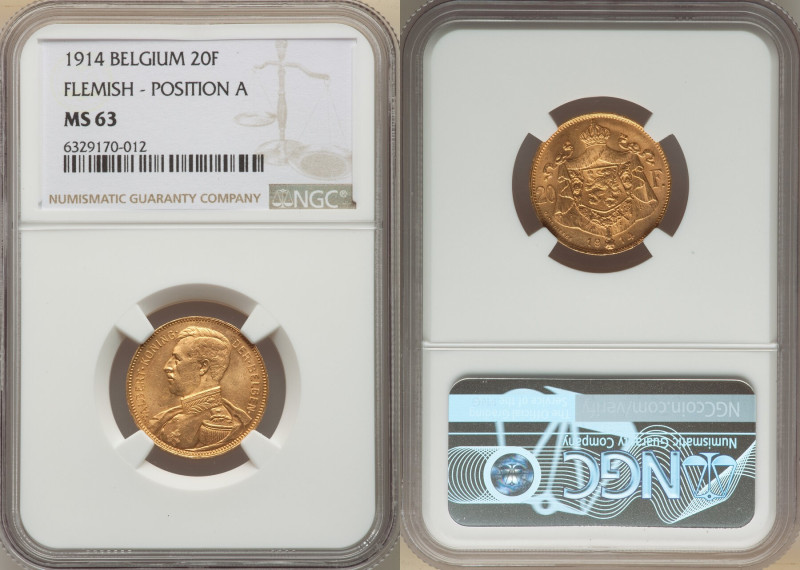 Albert I gold 20 Francs 1914 MS63 NGC, Brussels mint, KM79, Fr-422. Flemish lege...