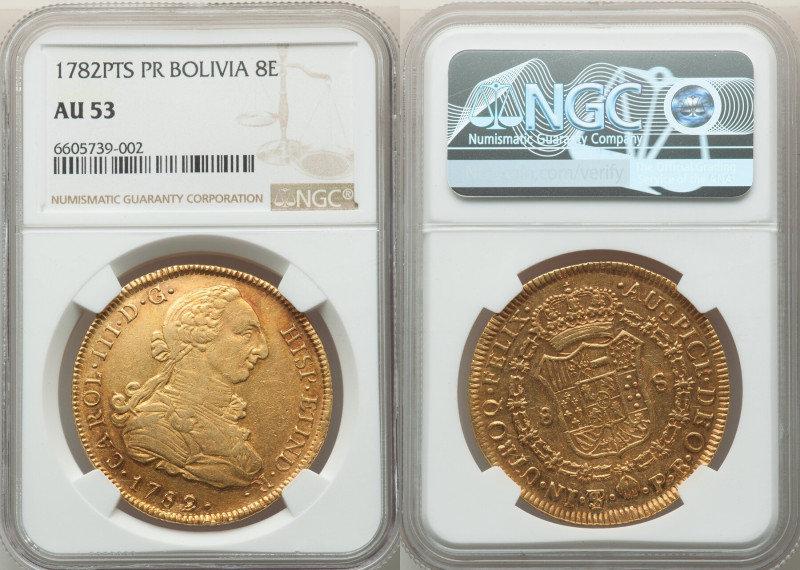 Charles III gold 8 Escudos 1782 PTS-PR AU53 NGC, Potosi mint, KM59, Cal-831. 

H...