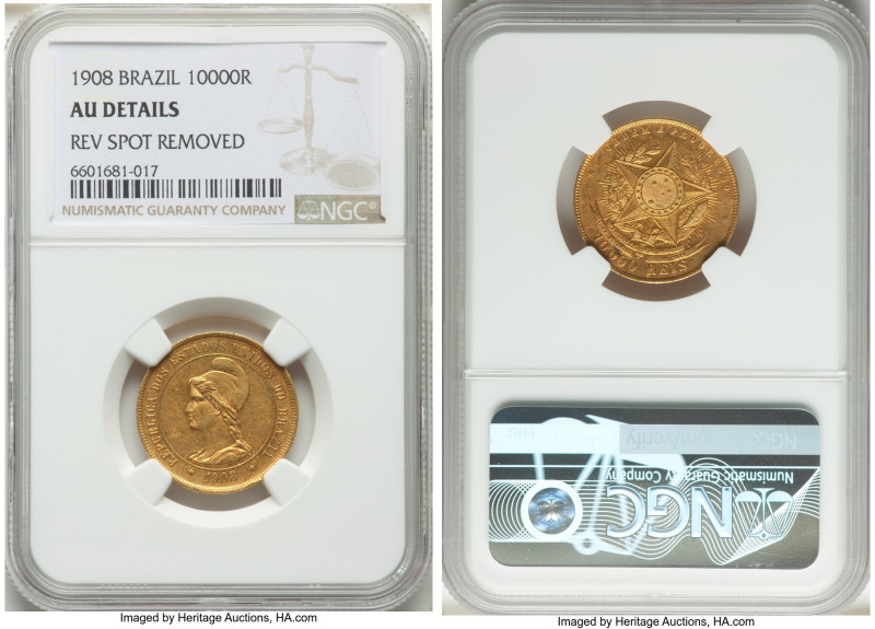 Republic gold 10000 Reis 1908 AU Details (Reverse Spot Removed) NGC, Rio de Jane...