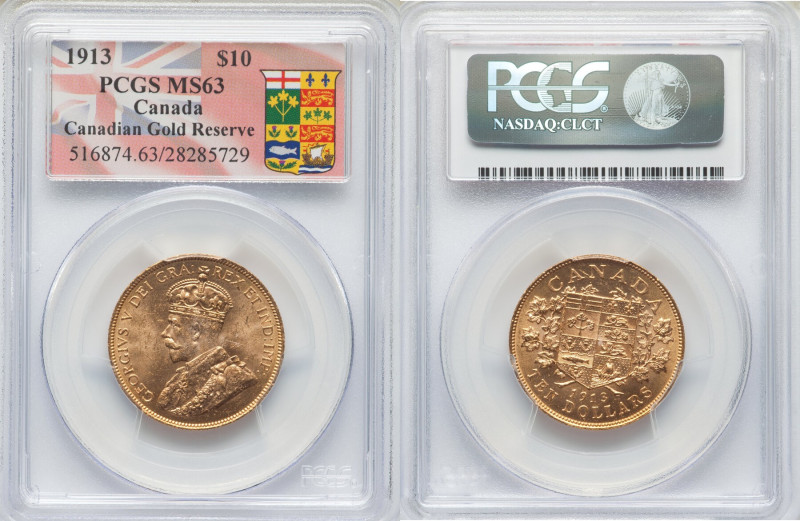 George V gold 10 Dollars 1913 MS63 PCGS, Ottawa mint, KM27, Fr-3. Three year typ...