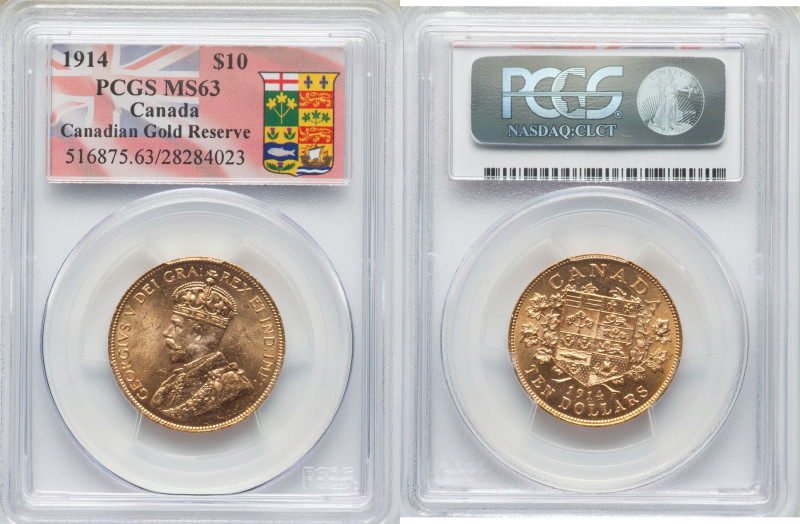 George V gold 10 Dollars 1914 MS63 PCGS, Ottawa mint, KM27, Fr-3. Three year typ...