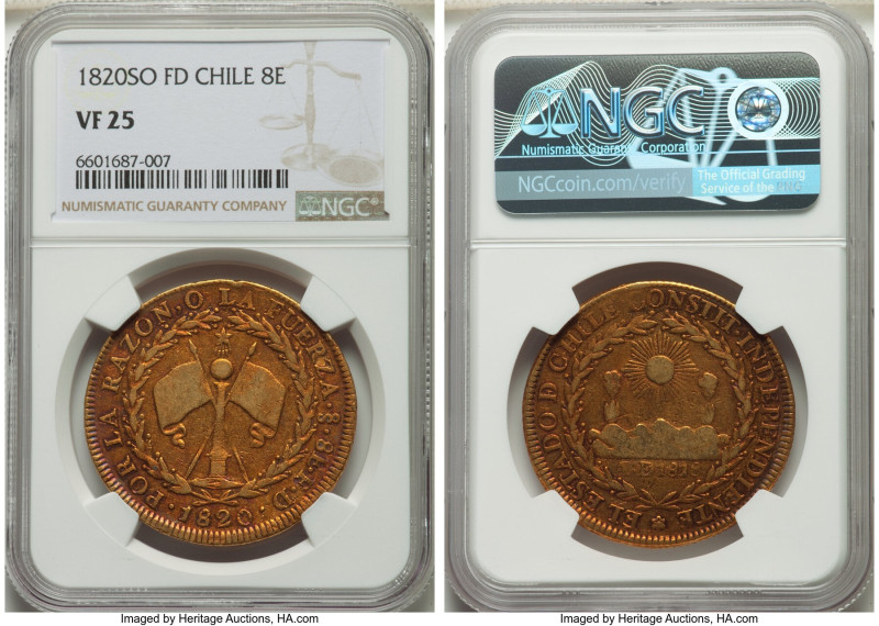 Republic gold 8 Escudos 1820 So-FD VF25 NGC, Santiago mint, KM84, Fr-33. Richly ...