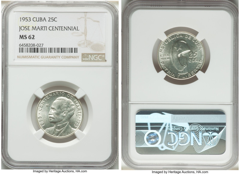 Republic "Jose Marti Centennial" 25 Centavos 1953 MS62 NGC, Philadelphia mint, K...