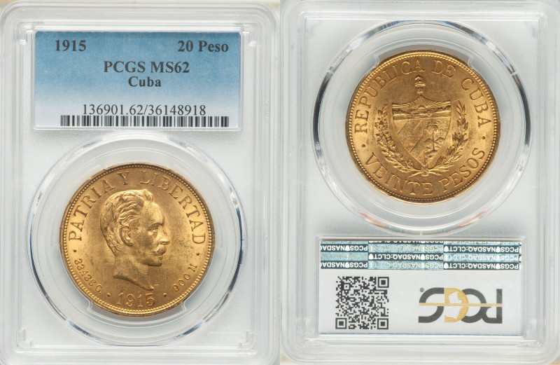 Republic gold 20 Pesos 1915 MS62 PCGS, Philadelphia mint, KM21, Fr-1. One year t...