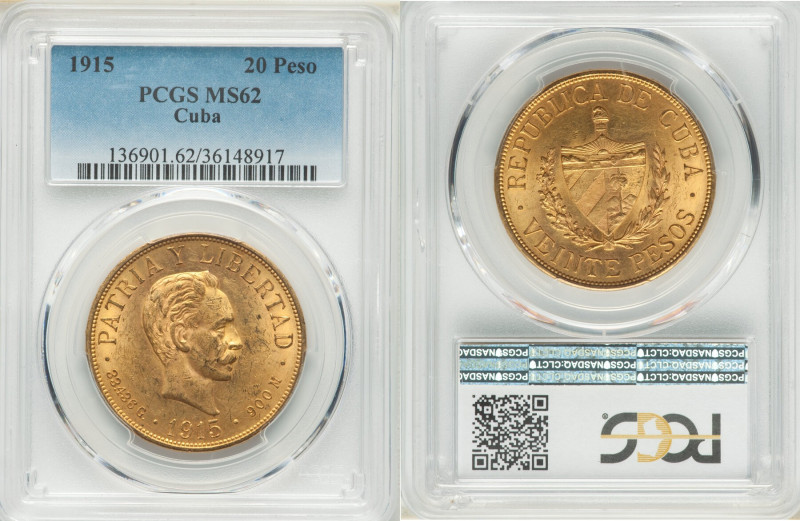 Republic gold 20 Pesos 1915 MS62 PCGS, Philadelphia mint, KM21, Fr-1. One year t...