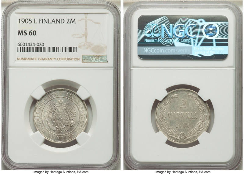 Russian Duchy. Nicholas II 2 Markkaa 1905-L MS60 NGC, KM7.2. Arctic white, with ...