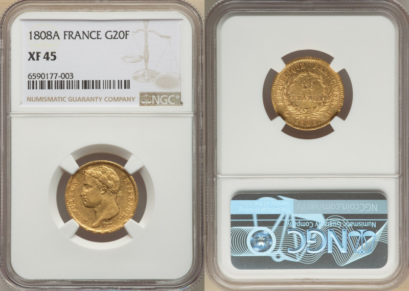 Napoleon gold 20 Francs 1808-A XF45 NGC, Paris mint, KM687.1, Gad-1024. 

HID098...