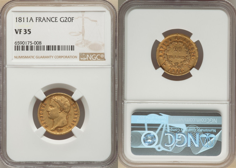 Napoleon gold 20 Francs 1811-A VF35 NGC, Paris mint, KM695.1, Fr-511. 

HID09801...