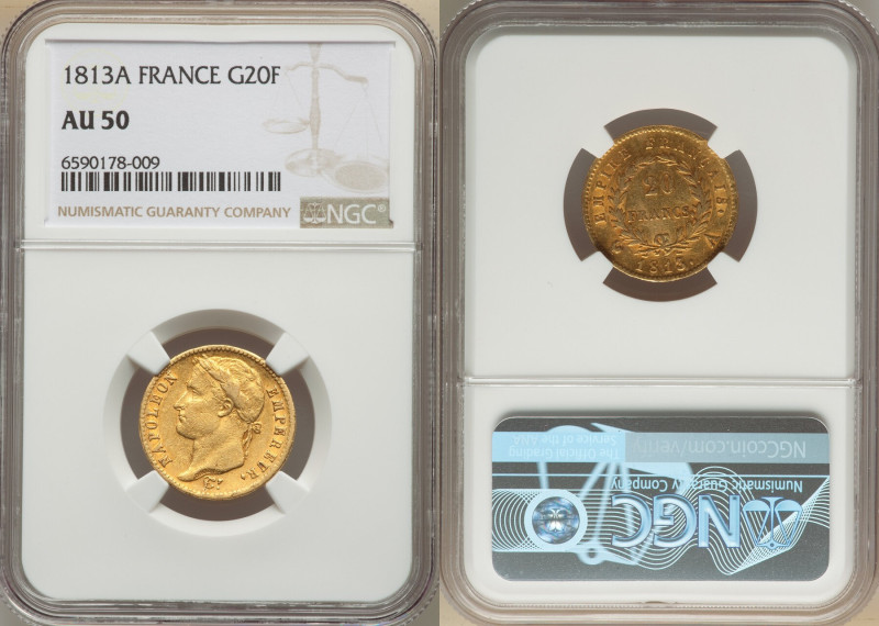 Napoleon gold 20 Francs 1813-A AU50 NGC, Paris mint, KM695.1, Fr-511. 

HID09801...