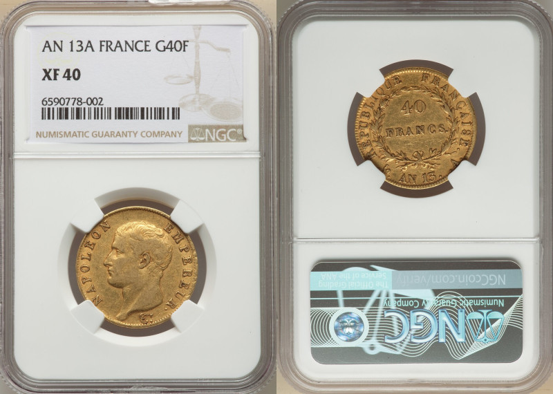 Napoleon gold 40 Francs L'An 13 (1804/1805)-A XF40 NGC, Paris mint, KM664.1, Fr-...