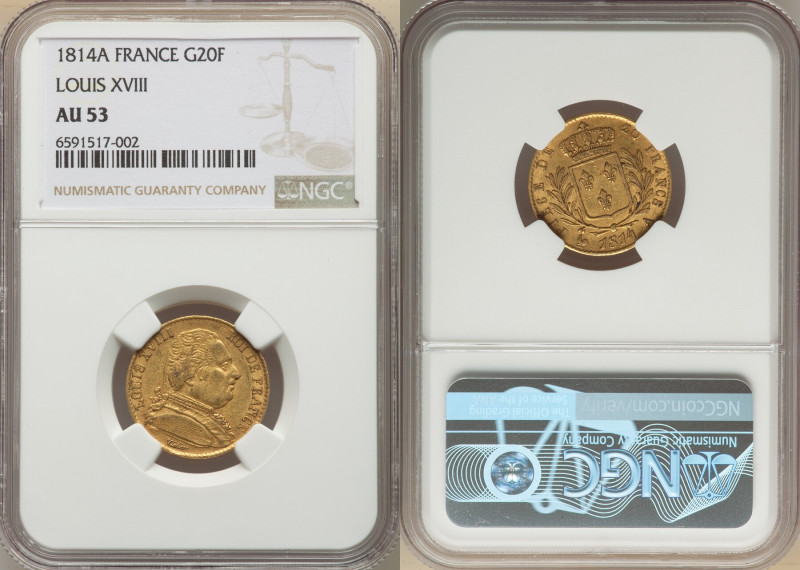 Louis XVIII gold 20 Francs 1814-A AU53 NGC, Paris mint, KM706.1, Fr-525. 

HID09...