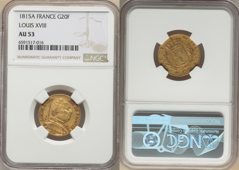 Louis XVIII gold 20 Francs 1815-A AU53 NGC, Paris mint, KM706.1, Fr-525. 

HID09...