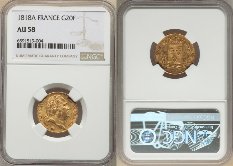 Louis XVIII gold 20 Francs 1818-A AU58 NGC, Paris mint, KM712.1, Fr-538. 

HID09...