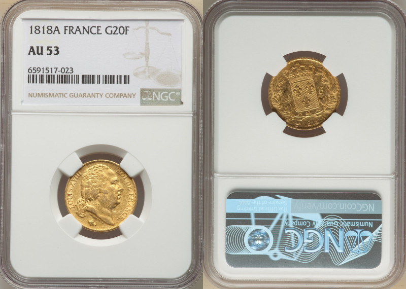 Louis XVIII gold 20 Francs 1818-A AU53 NGC, Paris mint, KM712.1, Fr-538. 

HID09...