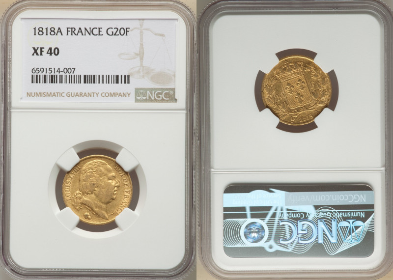 Louis XVIII gold 20 Francs 1818-A XF40 NGC, Paris mint, KM712.1, Fr-538. 

HID09...