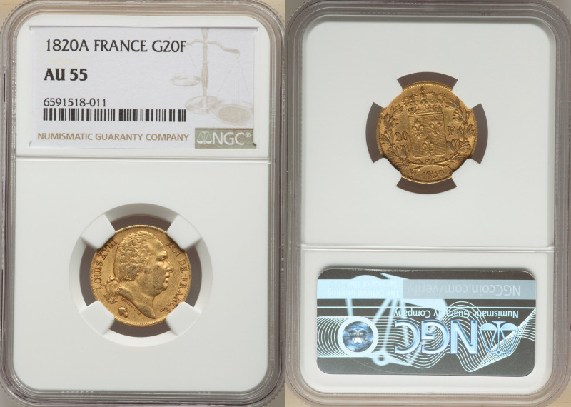 Louis XVIII gold 20 Francs 1820-A AU55 NGC, Paris mint, KM712.1, Fr-538. 

HID09...