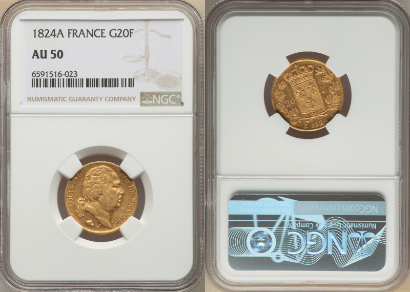 Louis XVIII gold 20 Francs 1824-A AU50 NGC, Paris mint, KM712.1, Fr-538. 

HID09...