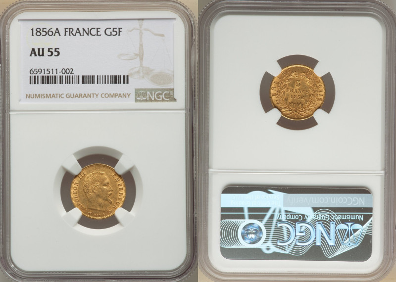 Napoleon III gold 5 Francs 1856-A AU55 NGC, Paris mint, KM787.1, Fr-578A. 

HID0...