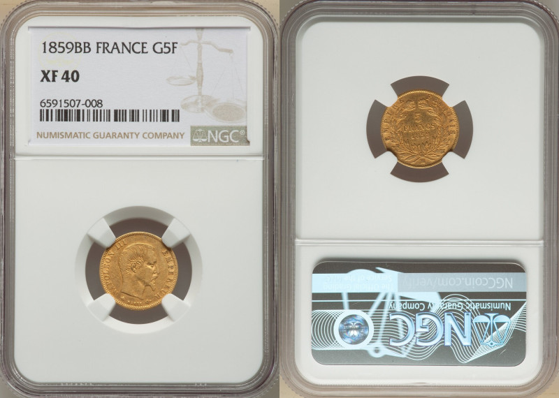 Napoleon III gold 5 Francs 1859-BB XF40 NGC, Strasbourg mint, KM787.2, Fr-579. 
...