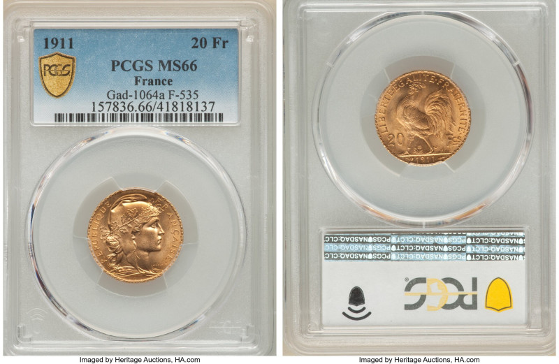 Republic gold 20 Francs 1911 MS66 PCGS, KM857, Gad-1064a, F-535. 

HID0980124201...