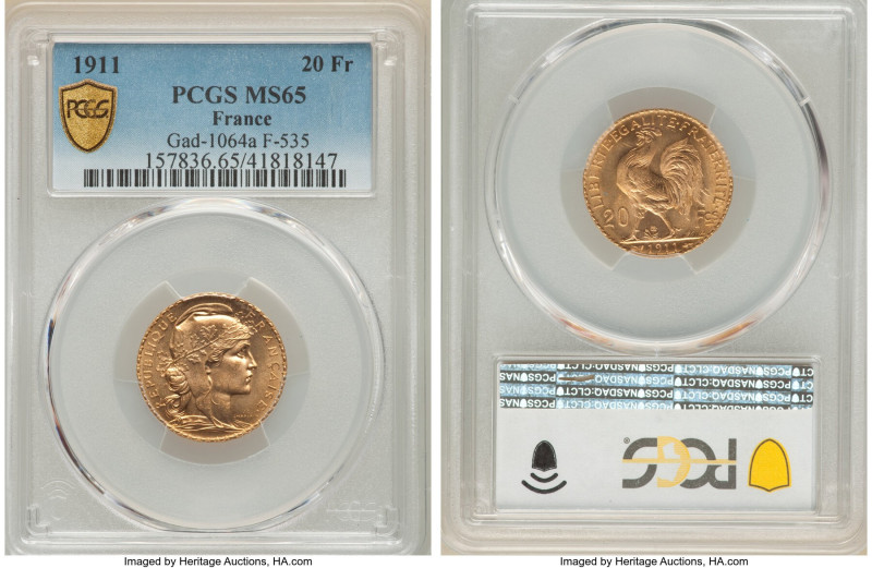 Republic gold 20 Francs 1911 MS65 PCGS, KM857, Gad-1064a, F-535. 

HID0980124201...