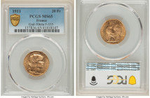 Republic gold 20 Francs 1911 MS65 PCGS, KM857, Gad-1064a, F-535. 

HID09801242017

© 2022 Heritage Auctions | All Rights Reserved